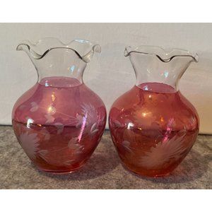 Vintage Pair 4.5 inch Tall Raspberry Gerbera Daisy Vases   #1225